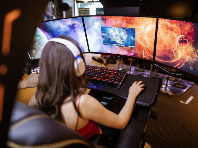 Free Woman with headphones playing on a multi-screen gaming setup featuring vibrant space imagery. Stock Photo