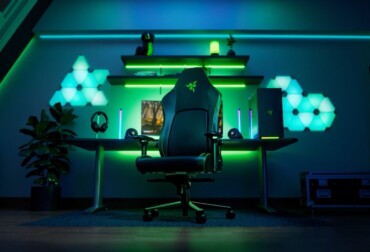 razer iskur v2 gaming chair in front of a green setup